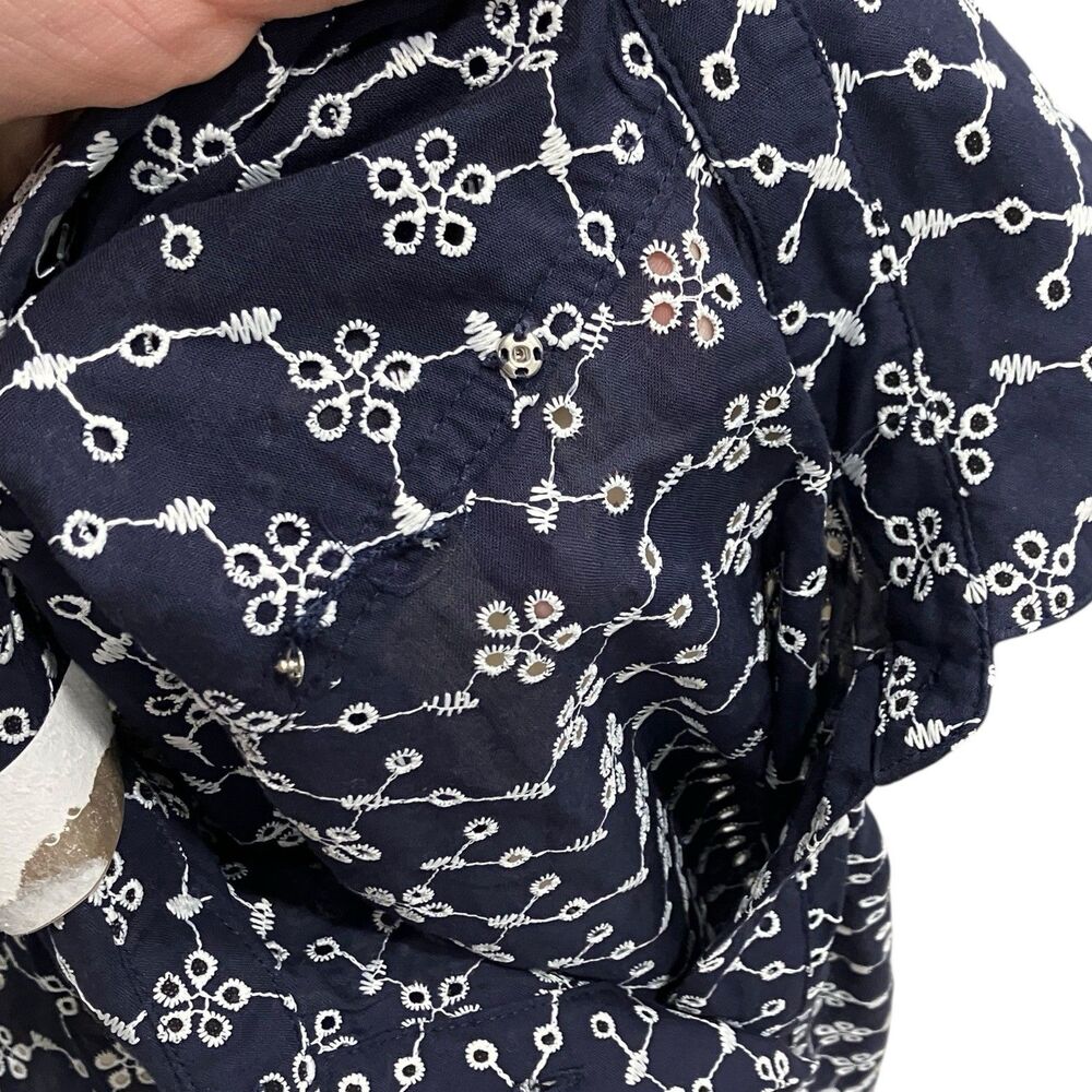 J Crew Mini Eyelet Shirt Dress Womens 10 Navy Blue Sleeveless Button Front Godet - Picture 12 of 13